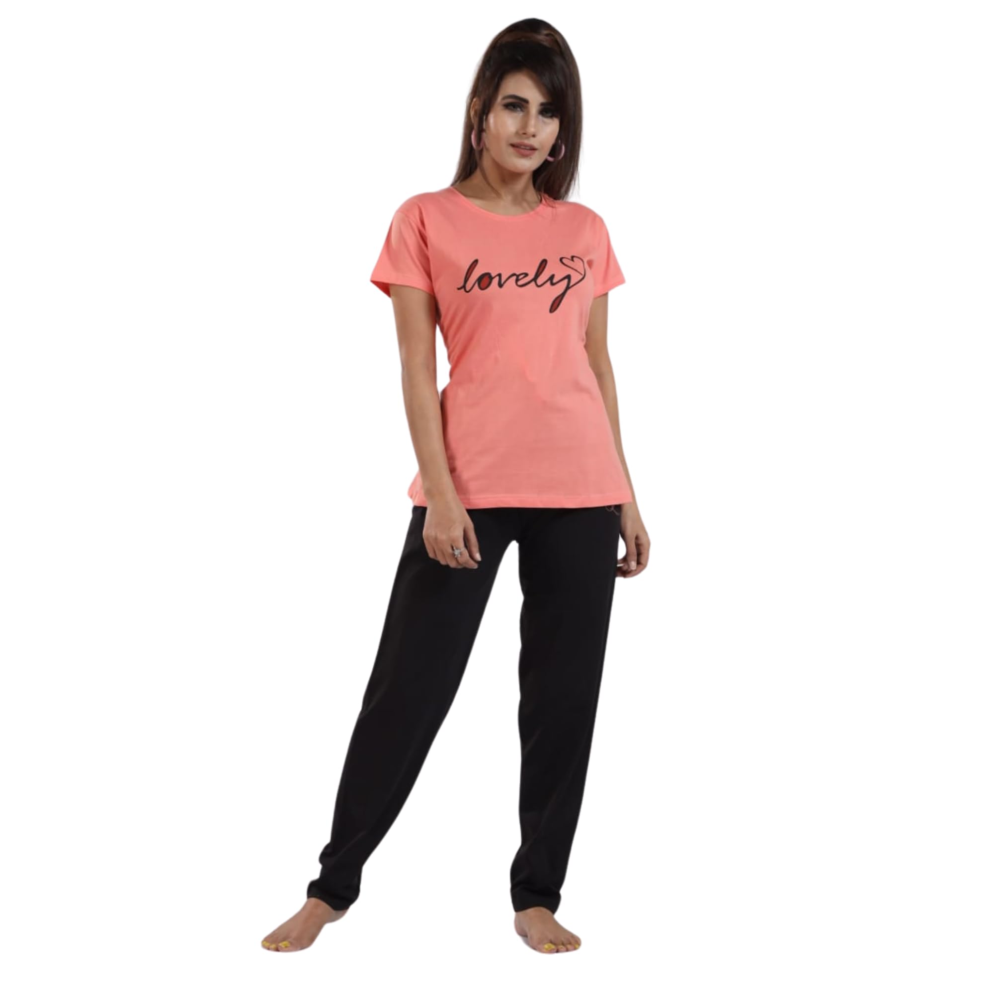 Ceenai Women's Cotton Nightwear Set with T-Shirt and Pyjamas, Soft and Comfortable for Sleep and Loungewear Four Sizes 36,38,40,42