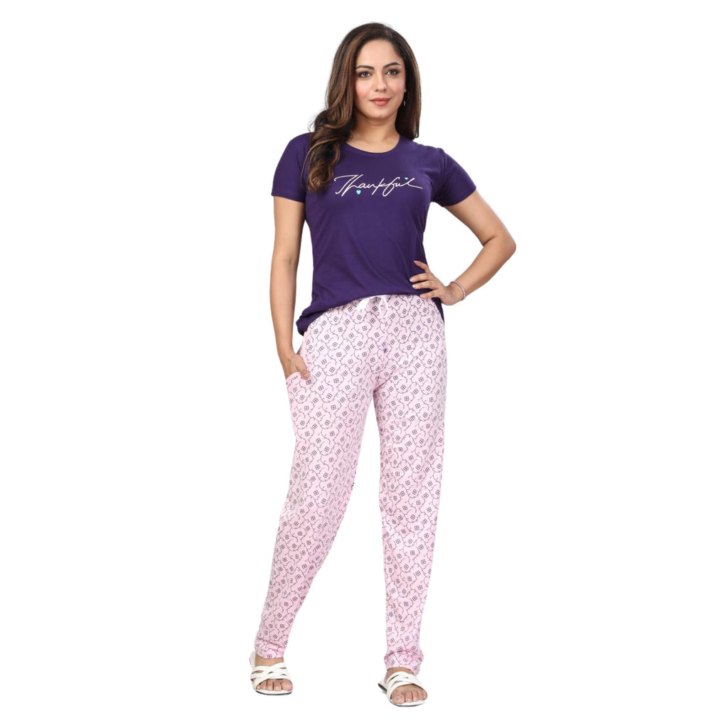 Ceenai Women's Cotton Nightwear Set with T-Shirt and Pyjamas, Soft and Comfortable for Sleep and Loungewear Four Sizes 36,38,40,42