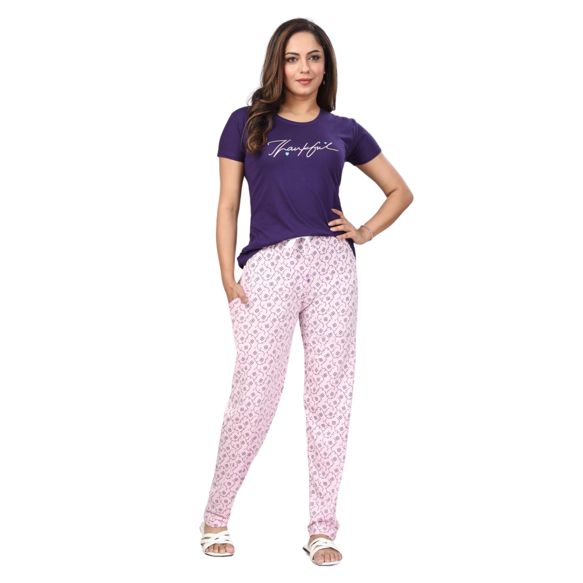 Ceenai Women's Cotton Nightwear Set with T-Shirt and Pyjamas, Soft and Comfortable for Sleep and Loungewear Four Sizes 36,38,40,42