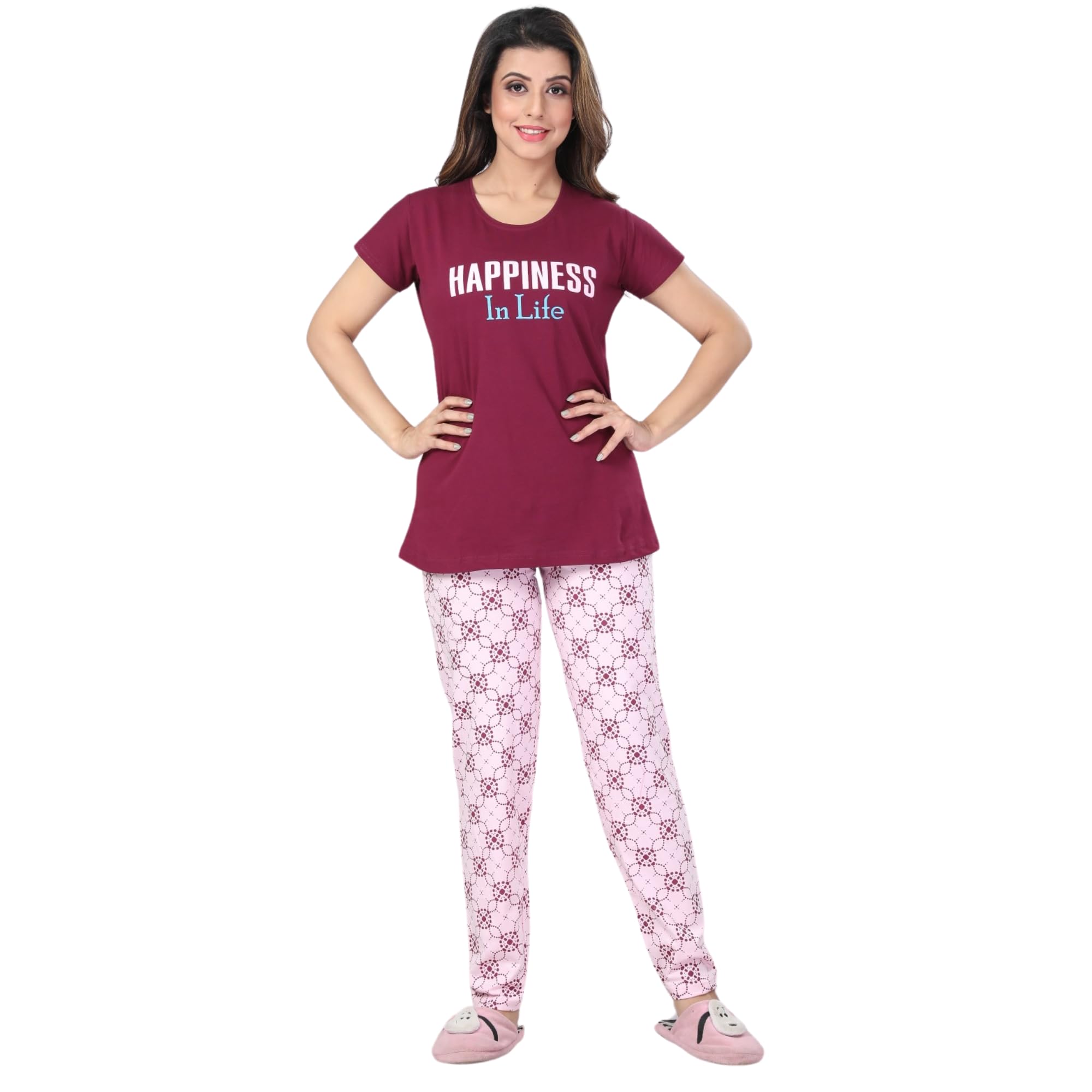 Ceenai Women's Cotton Nightwear Set with T-Shirt and Pyjamas, Soft and Comfortable for Sleep and Loungewear Four Sizes 36,38,40,42