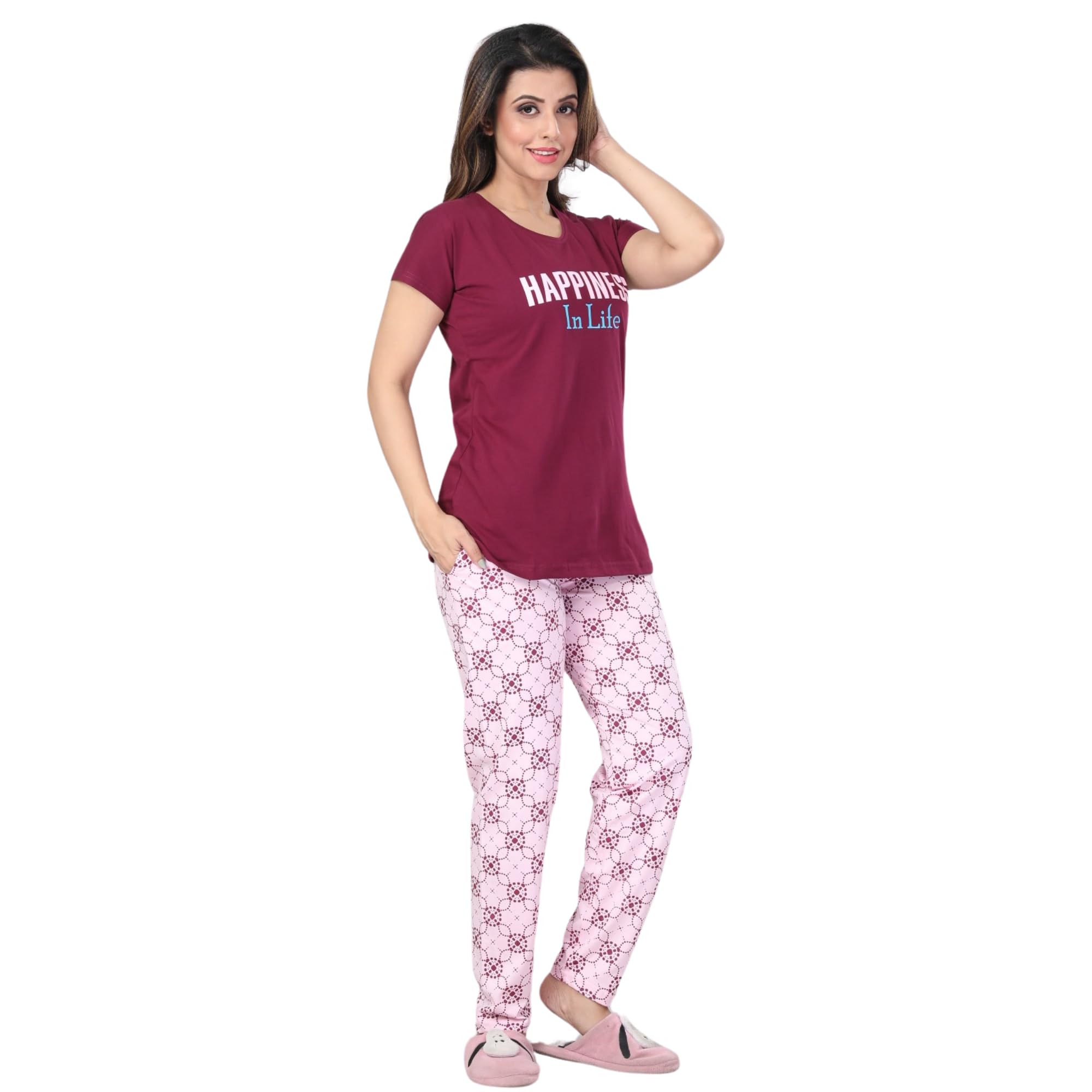 Ceenai Women's Cotton Nightwear Set with T-Shirt and Pyjamas, Soft and Comfortable for Sleep and Loungewear Four Sizes 36,38,40,42