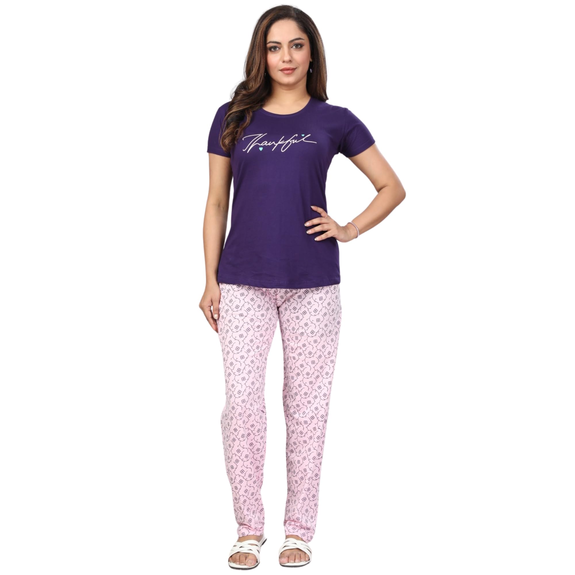 Ceenai Women's Cotton Nightwear Set with T-Shirt and Pyjamas, Soft and Comfortable for Sleep and Loungewear Four Sizes 36,38,40,42