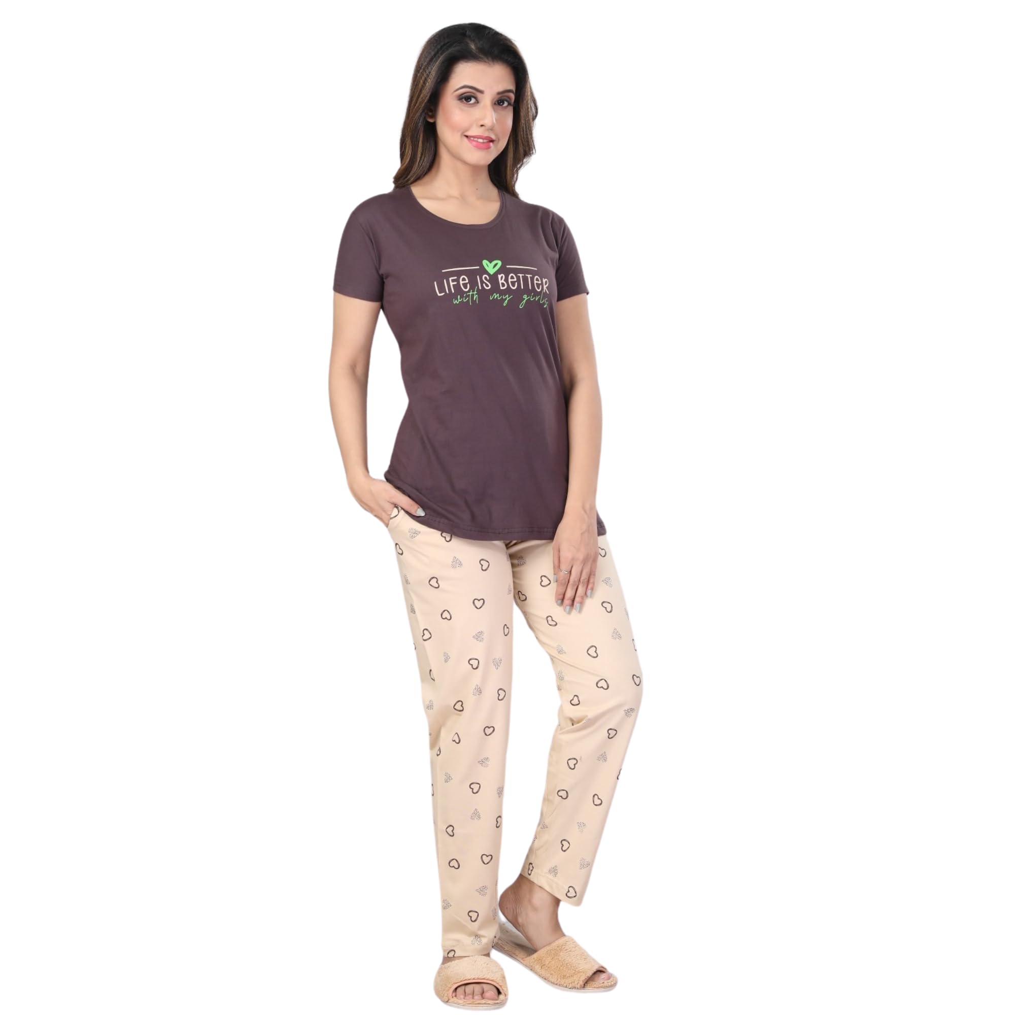 Ceenai Women's Cotton Nightwear Set with T-Shirt and Pyjamas, Soft and Comfortable for Sleep and Loungewear Four Sizes 36,38,40,42