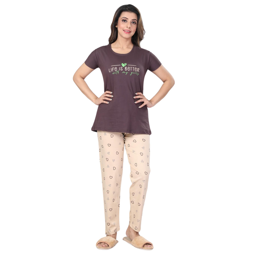 Ceenai Women's Cotton Nightwear Set with T-Shirt and Pyjamas, Soft and Comfortable for Sleep and Loungewear Four Sizes 36,38,40,42