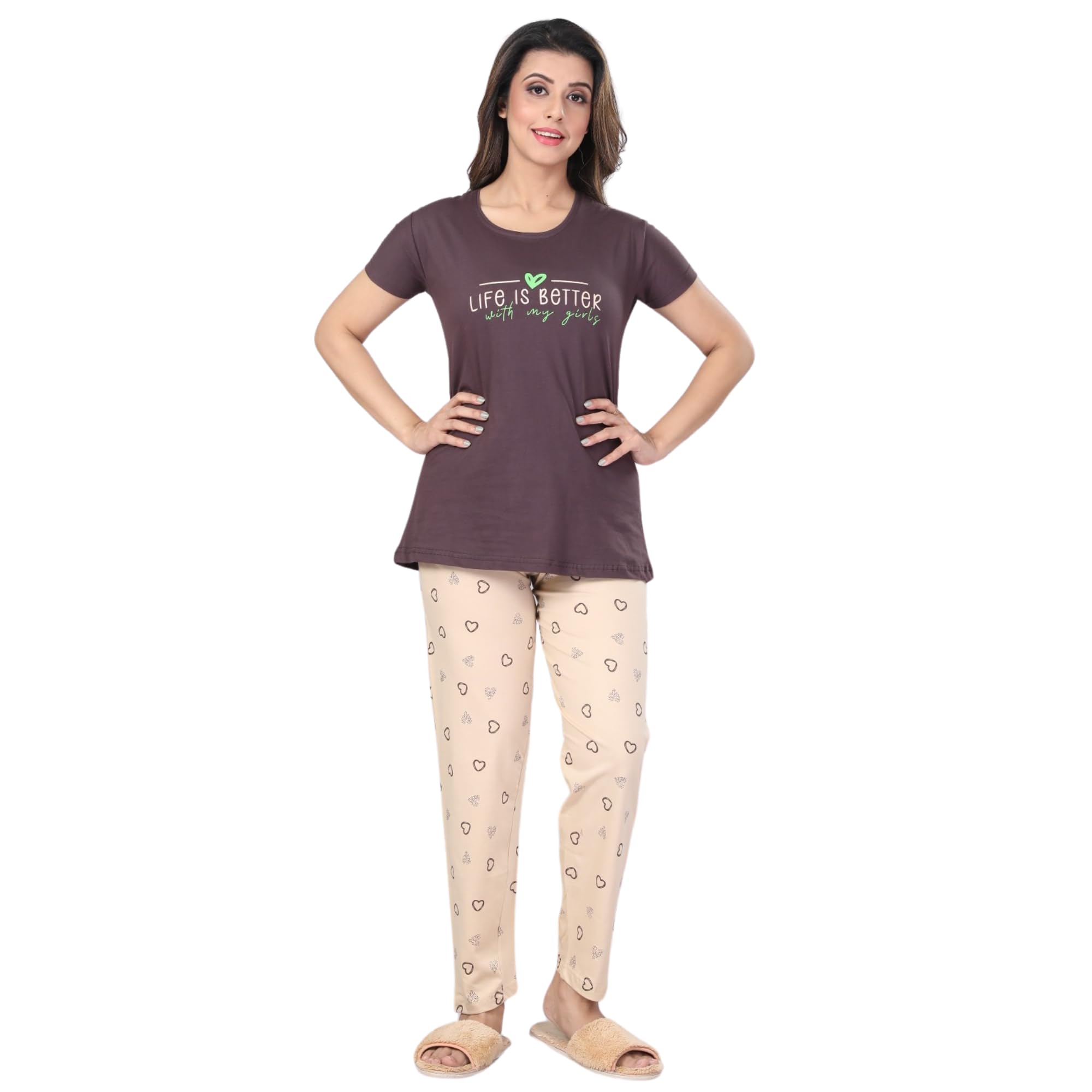 Ceenai Women's Cotton Nightwear Set with T-Shirt and Pyjamas, Soft and Comfortable for Sleep and Loungewear Four Sizes 36,38,40,42